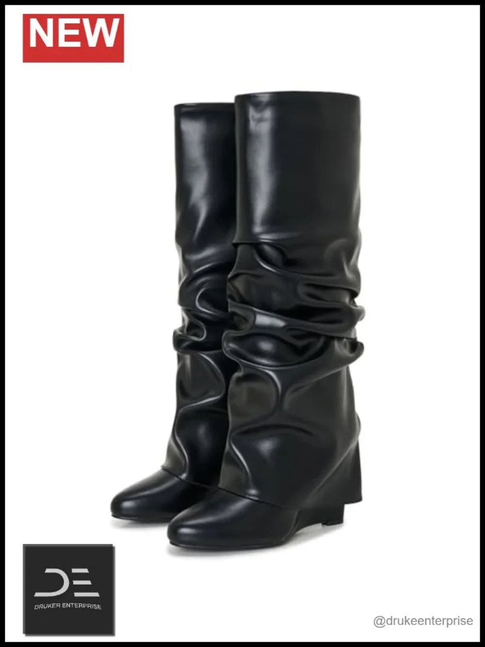 Fold Over Knee High Shark Boots 4-Inch Wedge Heel Pull-On PU Upper